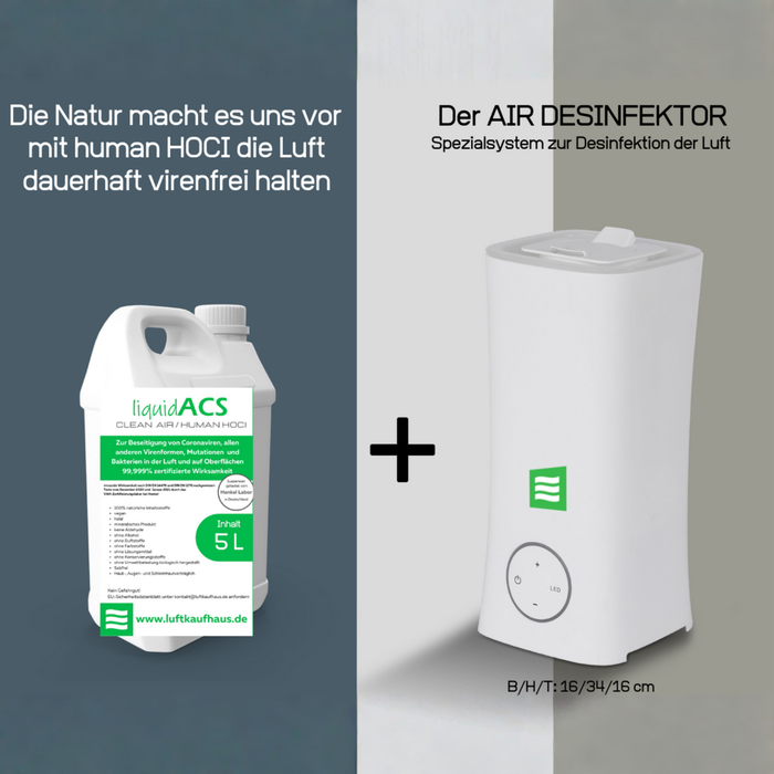 AIR DESINFEKTOR + "liquidACS - human HOCL - Fluid" zur virenfreien Luftreinhaltung - 5 Liter + System