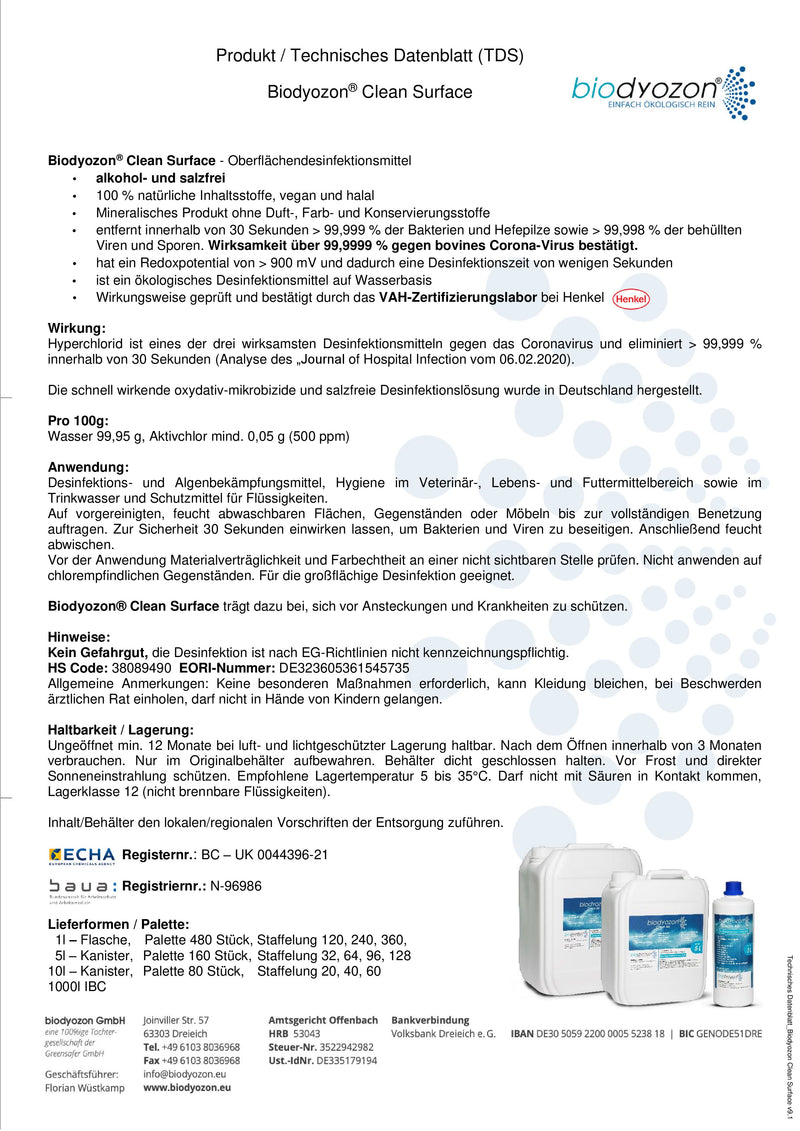 1.000 Liter biodyozon clean Surface (IBC) Desinfektion Fläche Leitungen Kühlkreislauf