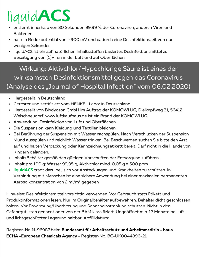 liquidACS  "human HOCL - Fluid" zur wirksamen (C)Virusneutralisation